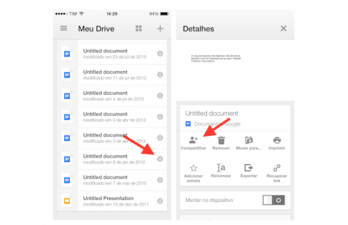Acessando a ferramenta de compartilhamento do Google Drive para iPhone. (Foto: Reprodução)