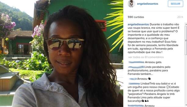 Ângela Dias fez questão de confirmar que não usa roupa branca no trabalho, mas que não teria problema em vestir. Crédito: Reprodução