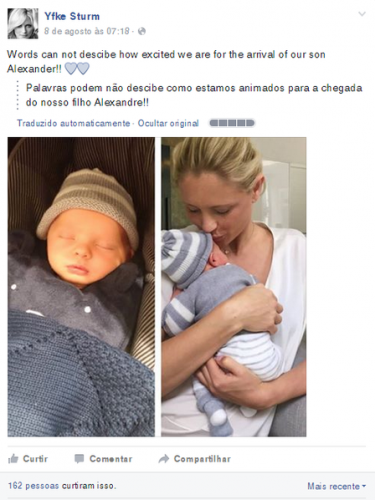 Yfke comemorou nascimento do filho no Facebook. (Foto: Reprodução)