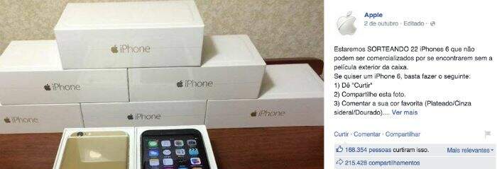 Post em página falsa da Apple promete sorteio de mais de 20 unidades do iPhone 6 e do iMac. Crédito: Reprodução