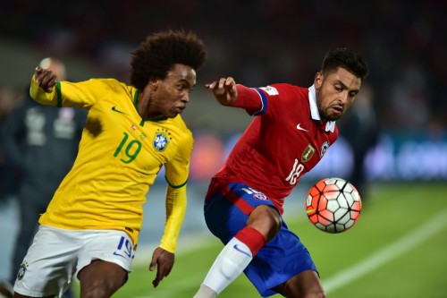 Willian (E) teve boa atuação na etapa inicial da partida. (Foto: Martin Bernetti/AFP)