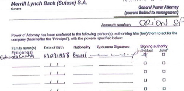 Assinatura do presidente da Câmara na conta bancária registrada na Suíça em nome da offshore Orion SP. (Crédito: Reprodução)