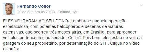 De forma irônica, senador comentou decisão em sua página no Facebook (Foto: Reprodução)