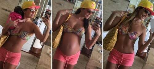 Em outro momento, Deborah postou fotos onde aparece com a mesma roupa, antes, durante e depois da gravidez. Em um dos registros, ela está com Maria Flor nos braços. Ela recebeu críticas pelo registro. (Foto: Reprodução)