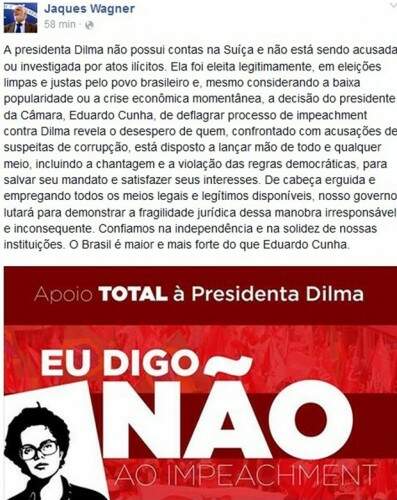 Post no Facebook de Jaques Wagner (Foto: Reprodução)