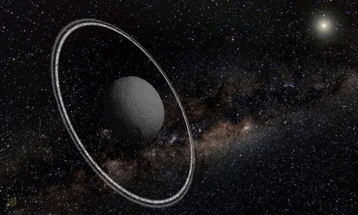 Ilustração mostra os anéis do asteroide Chariklo, que orbita o Sol entre Saturno e Urano. Crédito: Reprodução