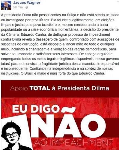 Post no Facebook de Jaques Wagner (Foto: Reprodução)