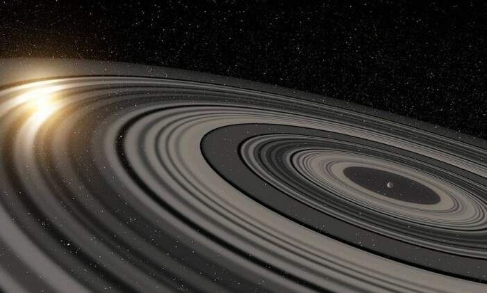 Ilustração do sistema de anéis gigante em torno do planeta J1407b. Crédito: Reprodução