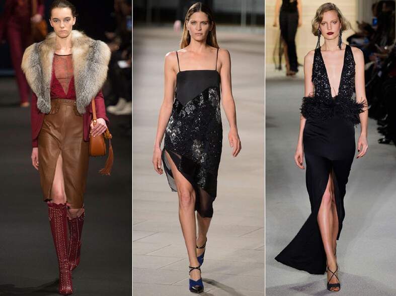 Fenda: A fenda deixa qualquer looks mais sensual. No dia a dia, você pode usar uma saia de comprimento midi com uma fenda discreta. Mas à noite, abuse da maxifenda, como aparece no desfile da Marchesa (primeira foto da direita para esqueda)