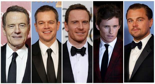 Indicados ao Oscar 2016 de Melhor Ator: Bryan Cranston ("Trumbo"), Matt Damon ("Perdido em Marte"), Michael Fassbender ("Jobs"), Eddie Redmayne ("A Garota Dinamarquesa"), e Leonardo DiCaprio ("O Regresso"). Foto: Reprodução