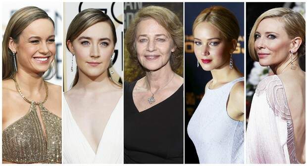 Indicadas ao Oscar 2016 de melhor atriz: Brie Larson ("O Quarto de Jack"), Saoirse Ronan ("Brooklyn"), Charlotte Rampling ("45 Anos"), Jennifer Lawrence ("Joy"), Cate Blanchett ("Carol"). Foto: Reprodução