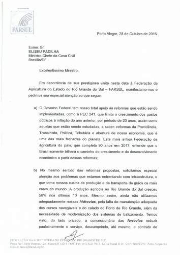 A carta, assinada pela Farsul, encabeça a opinião da entidade frente ao seu apoio a algumas medidas governamentais, pppedindo ainda atenção a temas ligados ao agronegócio.