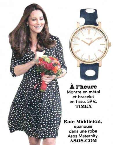 Kate Middleton, um dos símbolos do chique londrino, aparece com traje totalmente fashion da grife de ASOS. Ao seu lado, um peça que expõe o requinte:  relógio em metal dourado com pulseira de tecido com pois. Absolutamente up-to-date.