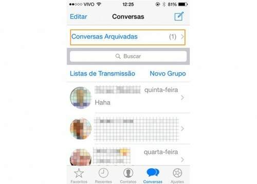 Selecione a tela de conversas arquivadas no WhatsApp pelo iOS. (Crédito: Reprodução)