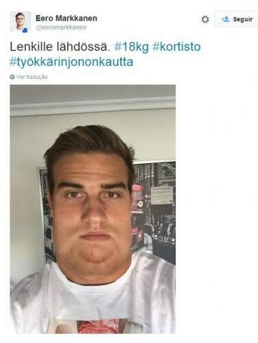 O finlandês Eero Markkanen, dispensado do Real Madrid B, ironizou com foto no Twitter para mostrar como ficaria com 18 quilos a mais. (Foto: Reprodução)