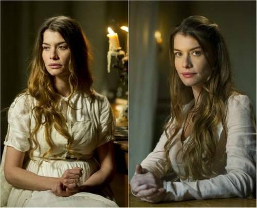 Alinne Moraes, da Lívia de Além do Tempo, está com os cabelos castanhos. Aplique é o segredo para ter cabelos volumosos (Foto: Reprodução)