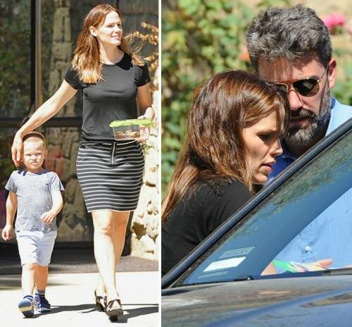 À esquerda, Jennifer Garner e o filho caçula. À direita, o ex-casal. (foto: reprodução)
