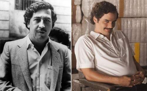 Pablo Escobar e sua versão interpretada por Wagner Moura na série "Narcos".  (foto: divulgação)