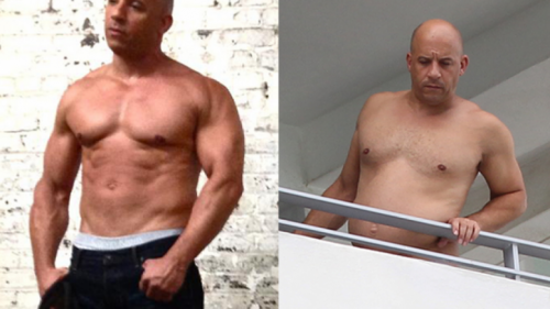 Vin Diesel  (D) com a barriga saliente posou na sacada de um hotel em Miami. À esquerda, os famosos "gominhos" do ator. (foto: reprodução)