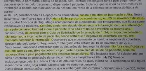 Sentença do Tribunal de Justiça do Distrito Federal, que aponta que empresária não tem de ressarcir hospital. (Foto: Reprodução)