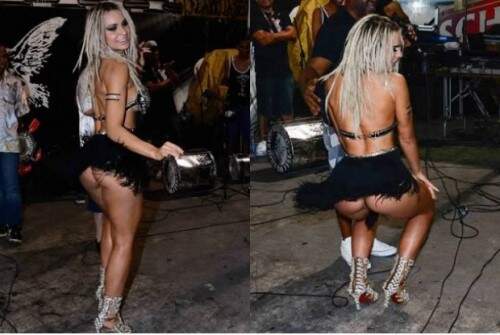 Com um figurino curtíssimo, a loira mostrou o seu gingado e deixou para do bumbum à mostra. (Fotos: Reprodução)