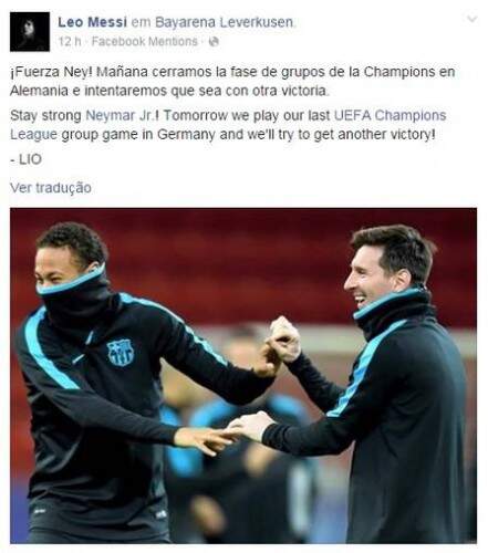 Lionel Messi foi solidário com o craque brasileiro, que está tratando de uma lesão muscular. (Imagem: Reprodução)