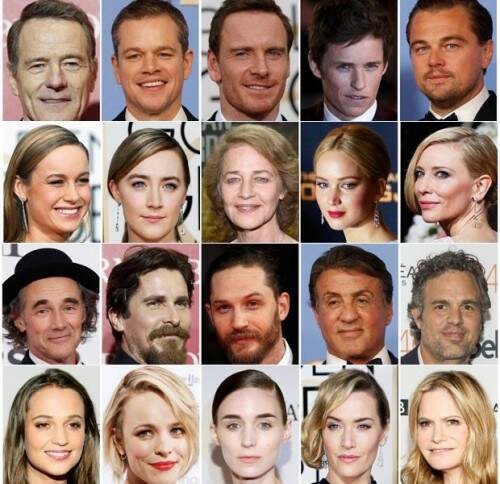 A partir do alto e da esquerda: Bryan Cranston, Matt Damon, Michael Fassbender, Eddie Redmayne, Leonardo DiCaprio, Brie Larson, Saoirse Ronan, Charlotte Rampling, Jennifer Lawrence, Cate Blanchett, Mark Rylance, Christian Bale, Tom Hardy, Sylvester Stallone, Mark Ruffalo, Alicia Vikander, Rachel McAdams, Rooney Mara, Kate Winslet e Jennifer Jason Leigh. (Foto: Reprodução)