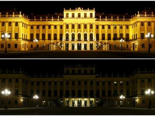 Combinação de fotos mostra o Palácio Schoenbrunn antes (em cima) e depois que as luzes foram desligadas na Hora do Planeta em Viena, na Áustria.