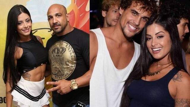 Fotomontagem de Aline com o ex-marido, Rodrigo, e com o atual namorado, Felipe Roque