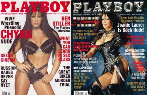 Joanie Laurer nas capas da "Playboy" em novembro de 2000 e em janeiro de 2002. (Foto: Reprodução) 