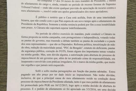 Carta de renúncia de Eduardo Cunha à presidência da Câmara. (Foto: Divulgação)