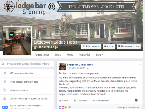 Hotel Littleover Lodge anuncia demissão de chef em sua página no Facebook (Foto: Reprodução/Facebook)  
