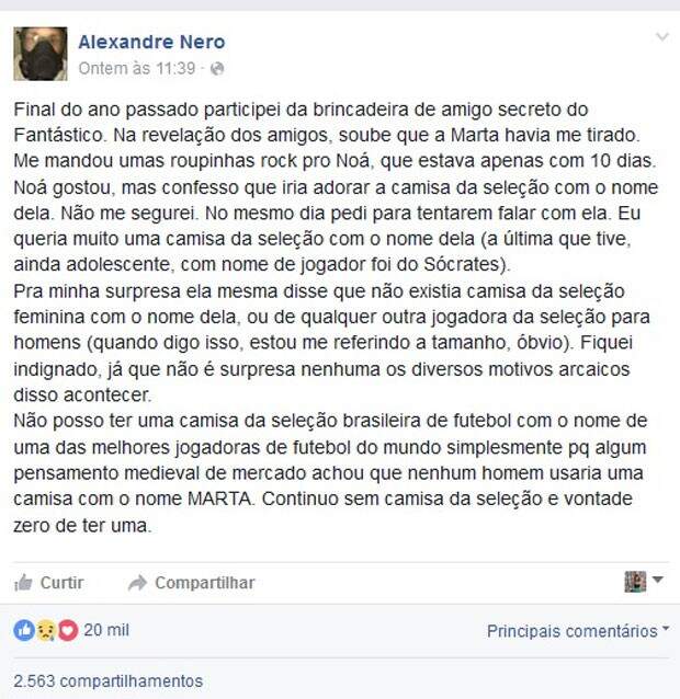 Postagem do ator Alexandre Nero no Facebook sobre as camisas da jogadora Marta (Foto: Reprodução/Facebook/Alexandre Nero)
