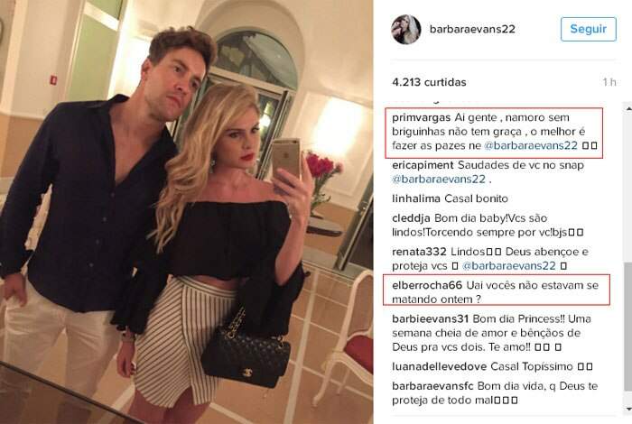 Bárbara Evans posta foto com namorado e fãs comentam que eles estavam brigando na rua. (Foto: Reprodução/Internet)