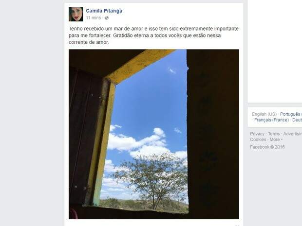 Camila Pitanga postou mensagem de agradecimento em rede social neste domingo. (Foto: Reprodução/Facebook)