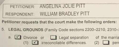Detalhe dos documentos preenchidos por Angelina Jolie para pedir divórcio de Brad Pitt. (Foto: Reprodução) 