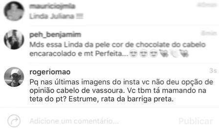 O comentário ofensivo feito no post de Juliana Alves. (Foto: Reprodução/Instagram)
