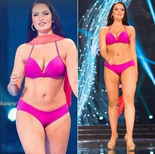 Foto da esquerda é uma imagem alterada, e a da direita é do site oficial do Miss Universo (foto: reprodução)