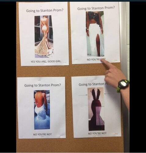 Uma escola americana se desculpou publicamente por cartazes que indicavam as roupas apropriadas ou não para serem usadas por mulheres em uma festa de formatura (Foto: Reprodução/Twitter)